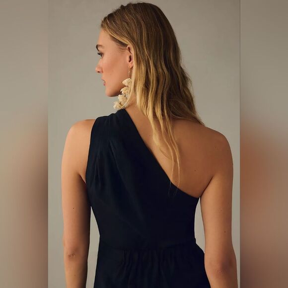 By Anthropologie Black One Shoulder Linen Wrap Dress NWT Sz 0 - Picture 4 of 8